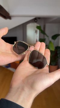 To hender holder metallramme solbriller med mørke linser, innendørs bakgrunn med planter og møbler i uskarphet.