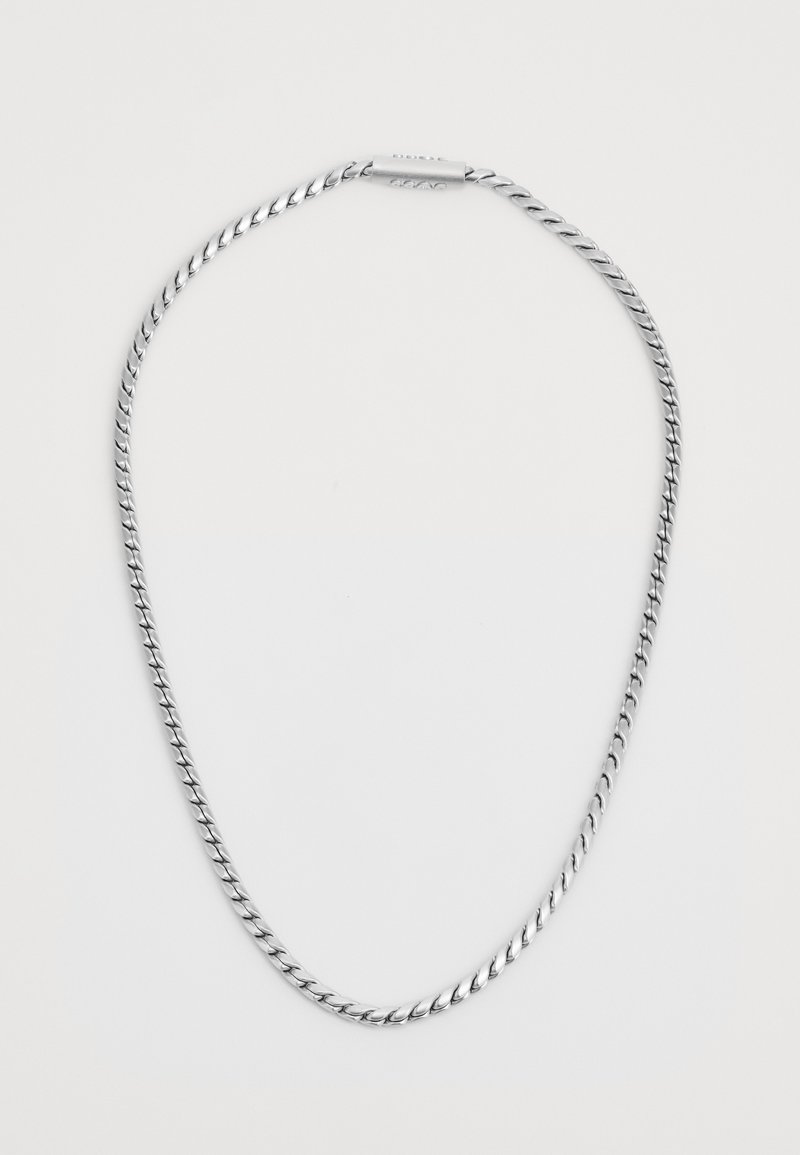 Silver twisted chain necklace with a smooth texture, featuring a simple clasp design. The chain has a uniform thickness throughout.