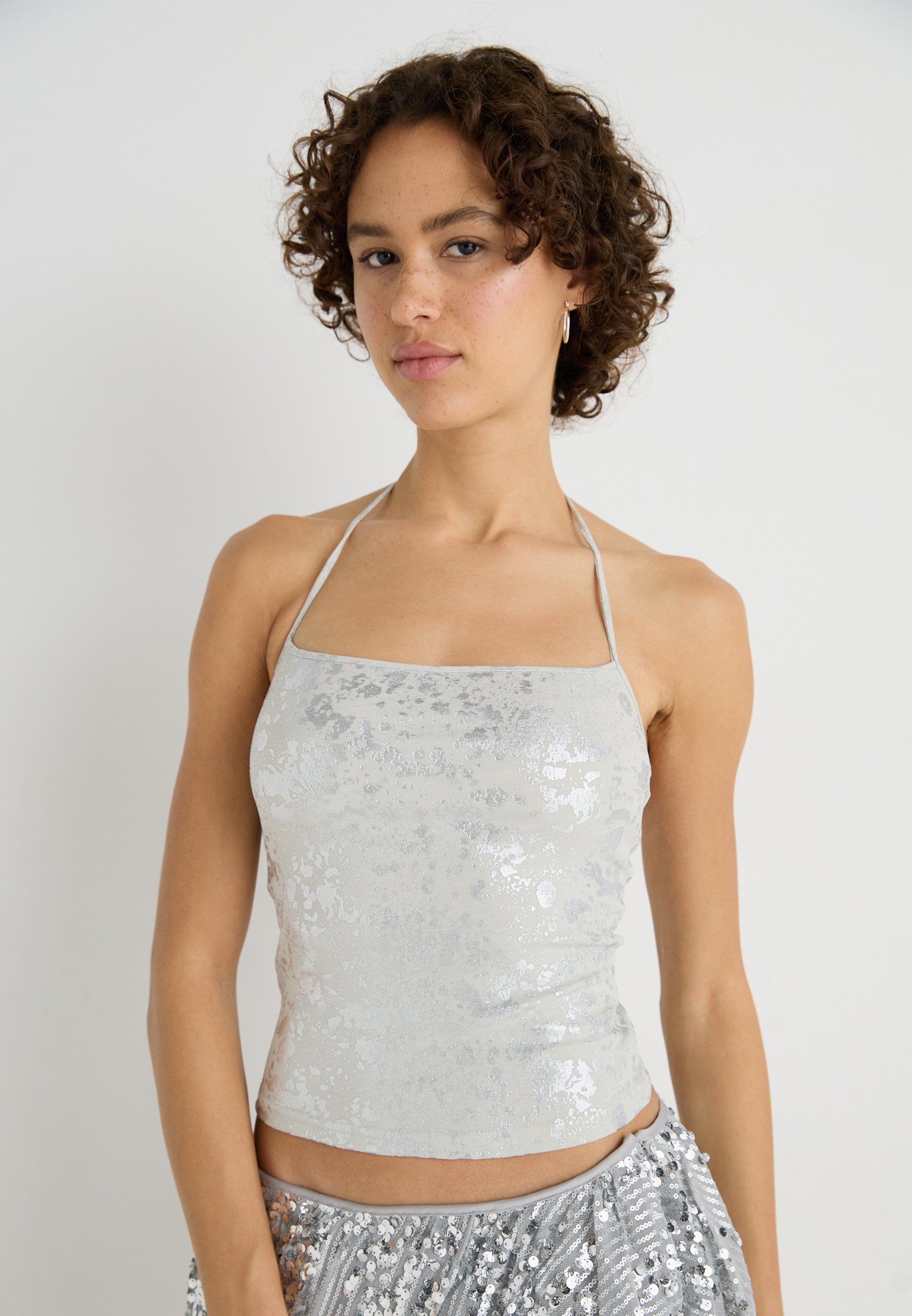 Weekday SPLATTER HALTER NECK - Top - silver/light grey