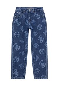 Jeans denimowe w ciemnoniebieskim kolorze z powtarzającymi się wzorami w jasnoniebieskim kolorze. Posiadają klasyczny pięcio-kieszeniowy krój i prostą nogawkę. Akcenty w srebrnym kolorze.