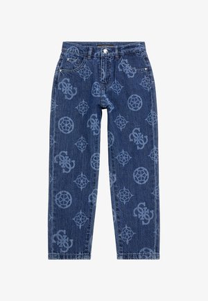 Jeans de mezclilla en azul oscuro con patrones repetidos de logo en azul claro. Presenta un diseño clásico de cinco bolsillos y corte recto. Acentos de herrajes plateados.