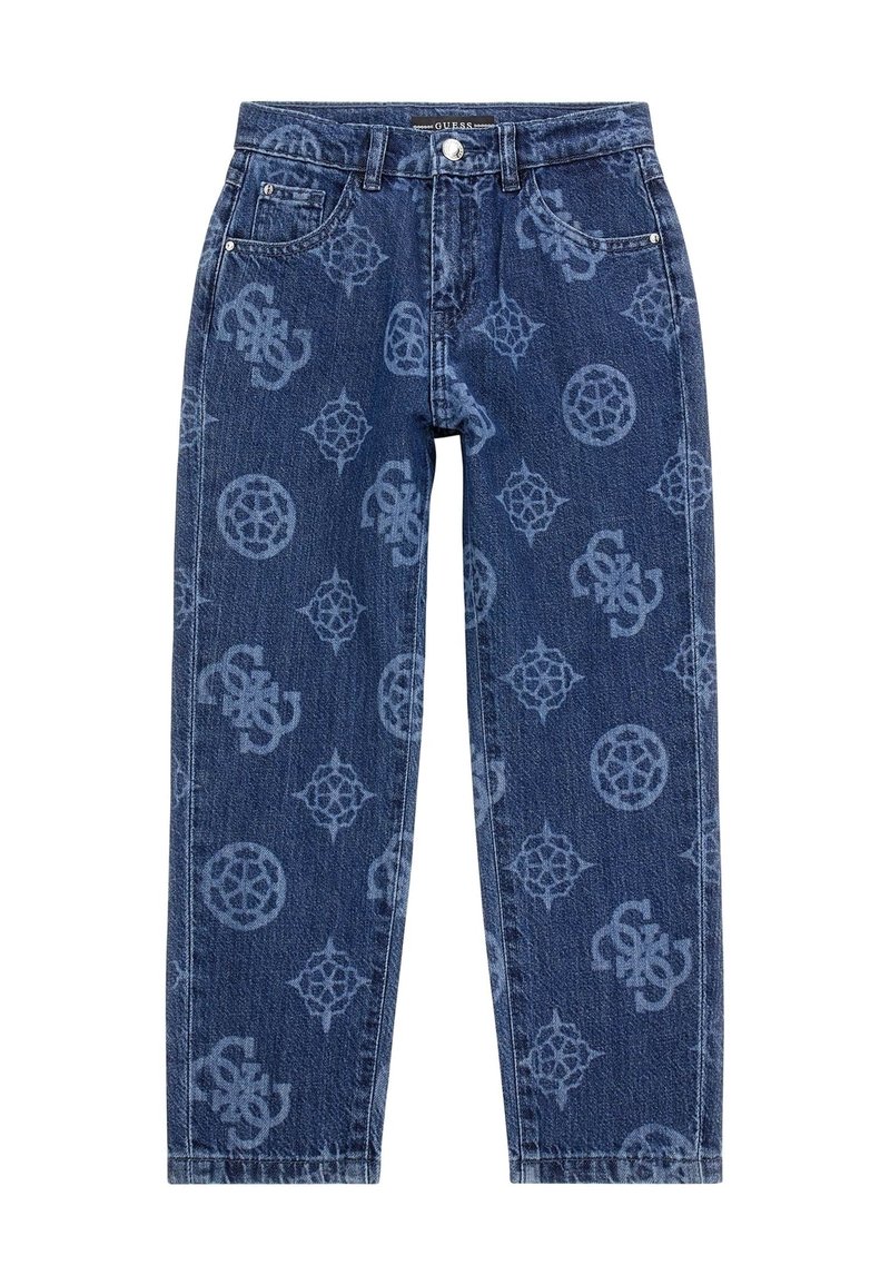 Jeans denimowe w ciemnoniebieskim kolorze z powtarzającymi się wzorami w jasnoniebieskim kolorze. Posiadają klasyczny pięcio-kieszeniowy krój i prostą nogawkę. Akcenty w srebrnym kolorze.