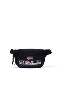 Námořnicky modrá látková ledvinka se zavíráním na stahovací šňůrku, s nášivkou norské vlajky a výrazným bílým logem "NAPAPIJRI" s oranžovými akcenty.