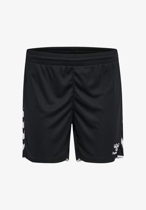 Zwarte sportkorte broek met elastische tailleband, witte chevronstrepen aan de zijkanten en wit Hummel-logo op het linker been.