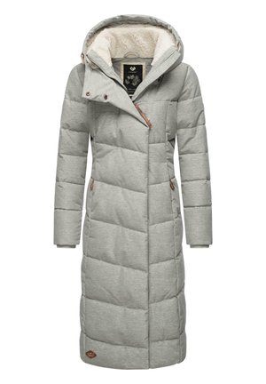 Gray padded coat with a hood, featuring a faux fur lining, diagonal zip closure, and brown leather accents on pockets and sleeves.