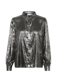 Metallic silver button-up shirt with long sleeves, collared neckline, and gathered cuffs. Smooth texture with a shiny finish.