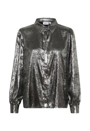 Fémes ezüst színű, gombos ing hosszú ujjal, galléros nyakkal és ráncolt mandzsettával. Simára szőtt textúra fényes felülettel.