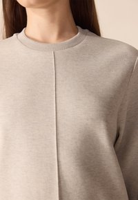 Sweat-shirt gris clair avec un col rond côtelé, présentant une couture au centre de la poitrine, fabriqué à partir d'un tissu doux et texturé.