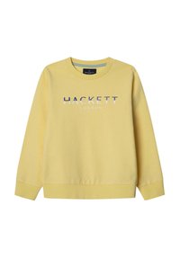 Geel sweatshirt, ronde hals, lange mouwen, ribgebreide manchetten en zoom, met daarop een blauwe "HACKETT LONDON" logo over de borst. Soepele textuur.
