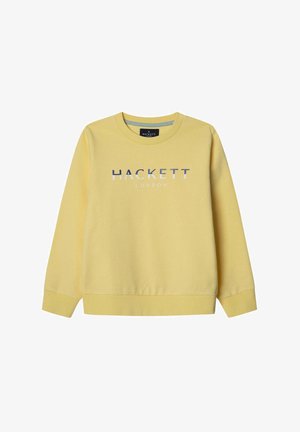 Felpa gialla, collo a giro, maniche lunghe, polsini e orlo a coste, con il logo blu "HACKETT LONDON" sul petto. Texture liscia.