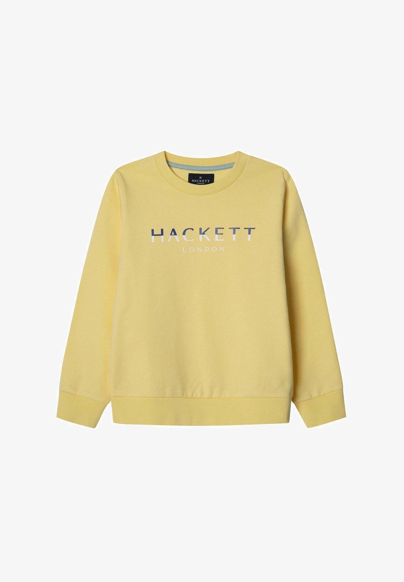 Felpa gialla, collo a giro, maniche lunghe, polsini e orlo a coste, con il logo blu "HACKETT LONDON" sul petto. Texture liscia.