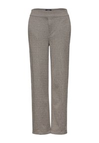 Šedé kostkované kalhoty s hladkým povrchem, rovnými nohavicemi a širokým pasem. Žádné viditelné kapsy ani detaily zapínání.