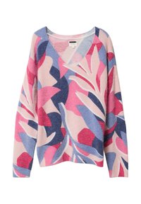 Pull en tricot avec un col en V, présentant un motif floral multicolore en rose, bleu et marine sur une base claire. Texture douce, coupe décontractée.
