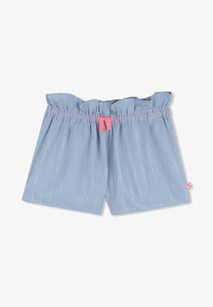 Shorts bleu clair avec une ceinture élastique à volants, présentant de fines rayures verticales blanches et un cordon de serrage rose.