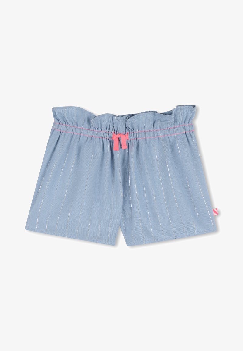 Ανοιχτό μπλε σορτς με ελαστική μέση με βολάν, διακοσμημένα με λεπτές κάθετες λευκές ρίγες και ροζ κορδόνι στο μπροστινό μέρος.