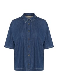 Tumesinise lühikeste varrukatega teksajakk, millel on terav krae ja eesmine nööbikinnitus; pehme tekstuur, millel on nähtavad õmblusdetailid.