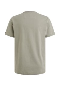 Light gray short-sleeve t-shirt, crew neck, soft fabric, straight hemline, and a small logo on the left sleeve.