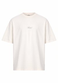 Beige T-Shirt mit lässiger Passform, kurzen Ärmeln und Rundhalsausschnitt. Auf der Vorderseite befindet sich dezenter "Rebel"-Text in hellem Grau.