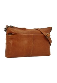 Brun läder crossbody-väska med zippered topp, framficka, justerbar rem, slät textur och enkel design.