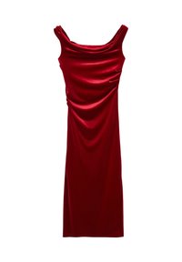 Ärmelloses rotes Samtkleid für den Abend mit Wasserfallausschnitt und Raffung auf der linken Seite, knielang.