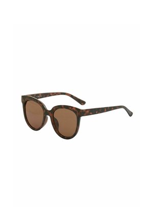 Lunettes de soleil écaille de tortue brunes avec des montures arrondies surdimensionnées et des verres bruns, présentant une finition en plastique lisse et des branches fines.