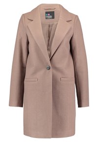 Lyserød uld-blend frakke med spids revers, enkelt knaplukning, to frontlommer og en glat indvendig foring.