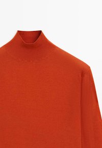 Rostorangefarbener Rollkragenpullover mit langen Ärmeln aus feinem Strickstoff, dargestellt vor weißem Hintergrund.