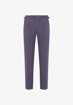 Tailored trousers in dark purple fabric with a soft texture, featuring front pleats, a button closure, and cuffed hems.