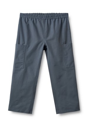 Pantaloni grigi a gamba larga in tessuto liscio, con vita elastica e due tasche laterali. Il design è semplice, senza motivi o accenti.