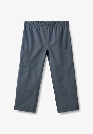 Graue, weit geschnittene Hosen aus glattem Stoff, mit elastischem Bund und zwei Seitentaschen. Das Design ist schlicht, ohne Muster oder Akzente.