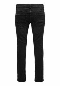 Jeans de denim negro con un ajuste slim, que cuentan con un diseño clásico de cinco bolsillos y detalles de costura sutiles en los bolsillos traseros. Textura suave.