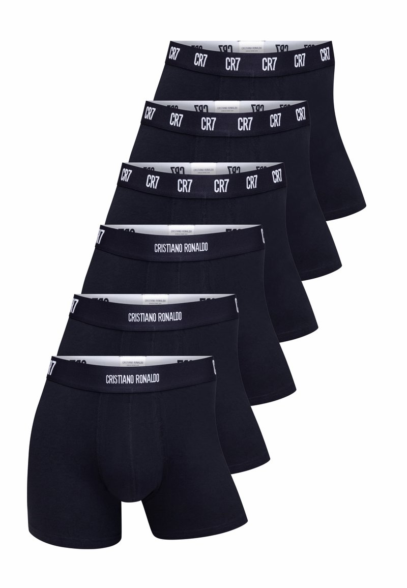 Black cotton boxer briefs in a pack of six, featuring white elastic waistbands with "CR7" and "Cristiano Ronaldo" branding.