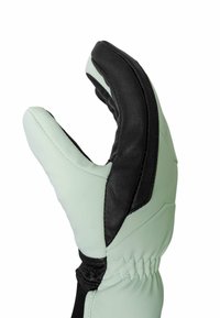 Mintgrüner und schwarzer isolierter Handschuh mit einem gepolsterten Design, gewölbter Form und einer strukturierten Lederhandfläche für Grip und Haltbarkeit.
