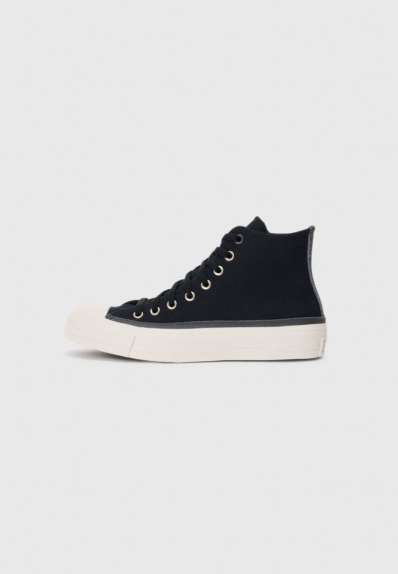 Sneakers alti in tela nera con suole in gomma bianca, dotati di occhielli in metallo e una superficie testurizzata lungo il lato.