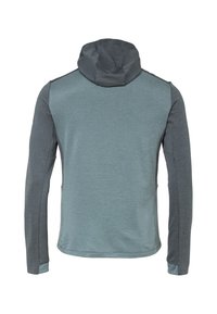 Herren Kapuzenjacke, strukturierter hellblau-grauer Stoff, lange Ärmel, taillierte Passform, kontrastierende dunkelgraue Seitenteile, zwei seitliche Taschen.