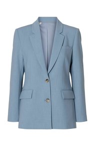 Blazer pour femme bleu clair avec revers à encoche, deux poches à rabat à l'avant, une poche poitrine et une fermeture à deux boutons.