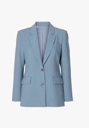 Blazer pour femme bleu clair avec revers à encoche, deux poches à rabat à l'avant, une poche poitrine et une fermeture à deux boutons.