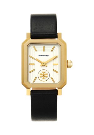 Montre rectangulaire dorée avec cadran blanc, index dorés, logo Tory Burch et bracelet en cuir noir.