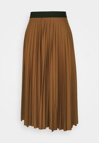 Gonna marrone a pieghe con un elastico nero in vita. Realizzata in materiale morbido, presenta pieghe verticali e una silhouette fluttuante a trapezio.