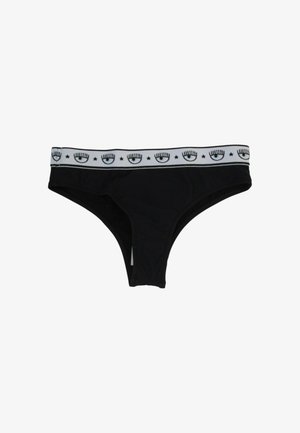 Slip bikini neri da donna con una fascia in vita bianca decorata con un motivo ripetuto di occhi e stelle.