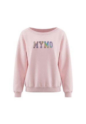 Lyserød sweatshirt med lange ærmer med rib manchetter og kant, med store flerfarvede glitrende bogstaver "MYMO" foran.