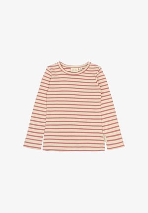 Hosszú ujjú, csíkos felső világos krémszínű és rózsaszínű. Bordás textúrájú, kerek nyakkivágású, két patent gombbal a vállon.