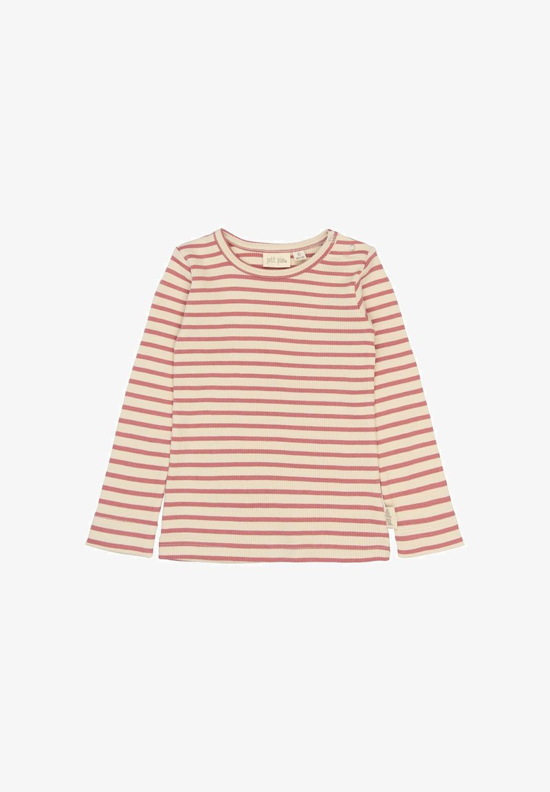Haut à manches longues rayé en crème clair et rose. Texture côtelée avec un col rond et deux boutons-pression sur l'épaule.