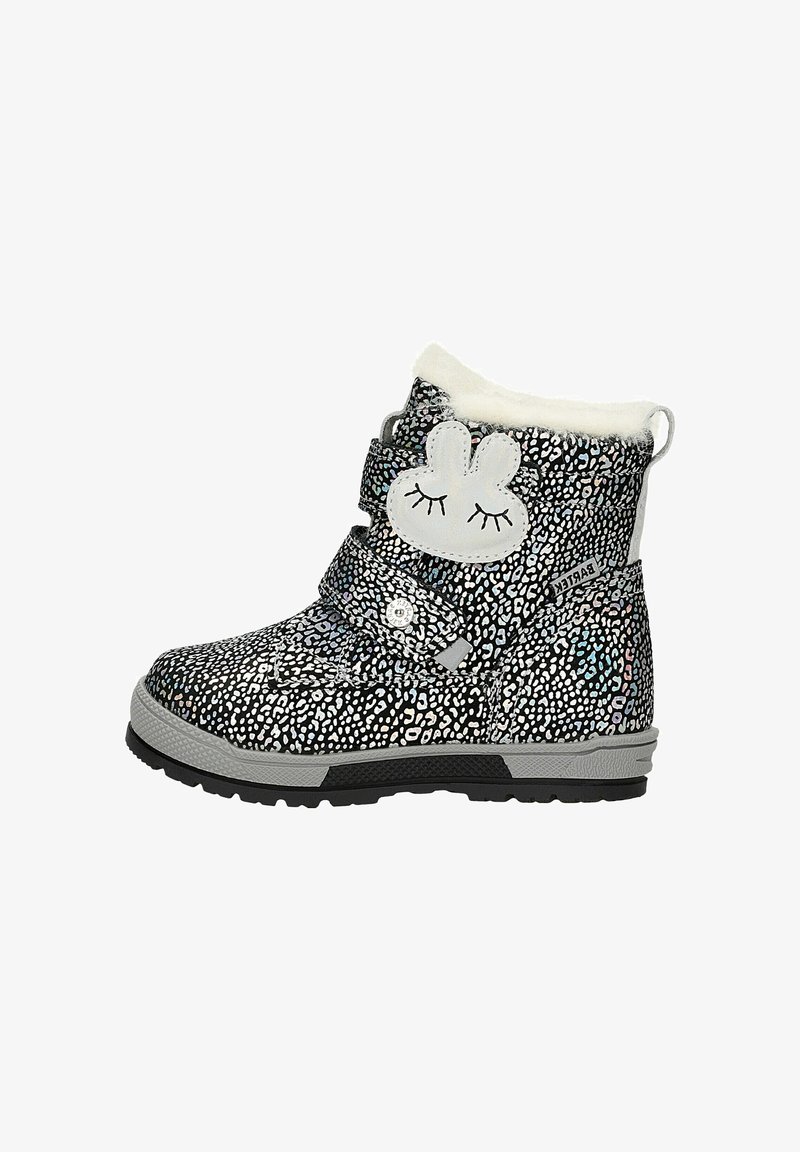 Black and white patterned winter boot with a soft white fur lining, a bunny face applique, and two adjustable Velcro straps. Rubber sole.