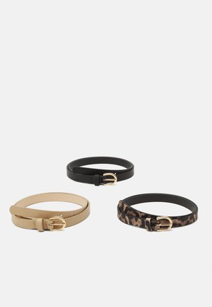 Set of three belts: light tan, black, and black leopard print. Each has a slim profile and gold-tone metal buckle. Smooth and textured finishes.