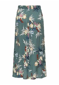 Midilængde nederdel med elastisk talje, teal baggrund og flerfarvet blomsterprint med pink, hvide og rustfarvede blomster samt grønne blade.
