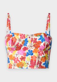 Top corto floreale con spalline regolabili, caratterizzato da un vivace motivo di fiori rossi, rosa, arancioni e blu su uno sfondo crema.