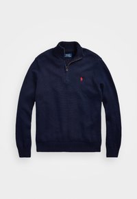 Pull en maille bleu marine à fermeture éclair quart, avec col, poignets et ourlet côtelés, arborant un logo de cheval rouge sur la poitrine gauche.
