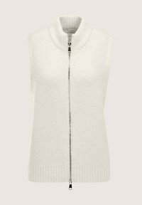 Ärmellose weiße Strickweste mit hohem Kragen und silbernem Reißverschluss über die gesamte Länge der Vorderseite, ausgestattet mit geripptem Saum und Kragenrändern.