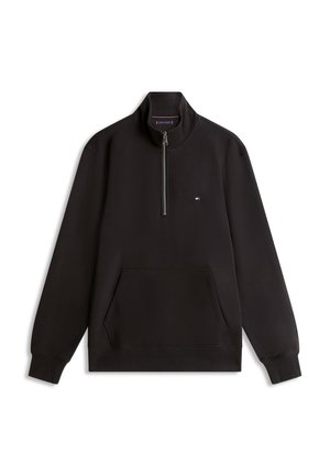 Black pullover with quarter zip, kangaroo pocket, ribbed cuffs and hem, featuring a small Tommy Hilfiger logo on the chest.